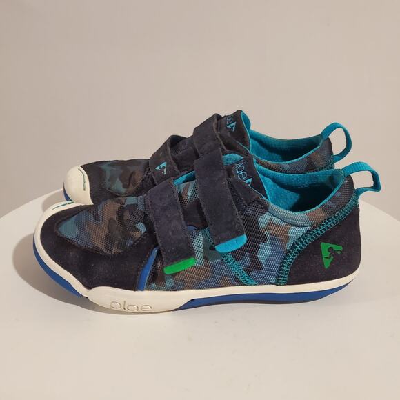Plae Kids TY Blue Camo Sneaker Shoes Size 2.5C Suede Nylon Hook & Loop Straps - Picture 1 of 8